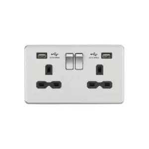 Knightsbridge 13A 2G Switched Socket with Dual USB Charger (2.4A) - Brushed Chrome with Black Insert