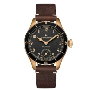 Hamilton Khaki Aviation Pilot Pioneer Bronze Automatic Black Dial Brown Leather Strap Mens Watch H76709530