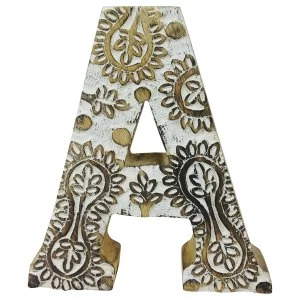 Letter A Hand Carved Wooden White Flower