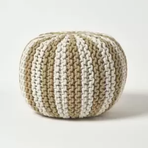 Off White and Linen Knitted Pouffe Striped Footstool 35 x 40cm - Linen & Off White - Homescapes