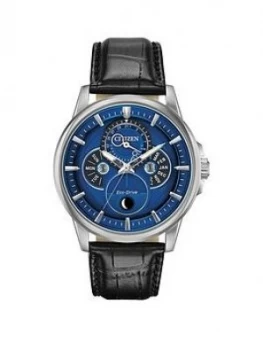 Citizen Eco-Drive Moonphase Wr100 Blue And Silver Detail Dial Black Leather Strap Mens Watch