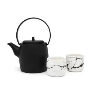 Bredemeijer Gift Set With Kobe Design Teapot 1.2L In Cast Iron Black With 2 Porcelain Cups - Black & White