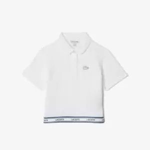 Girls' Lacoste Printed Band Cotton Pique Cropped Polo Size 10 yrs White