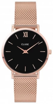 CLUSE Minuit Rose Gold Steel Mesh Bracelet Black Dial Watch