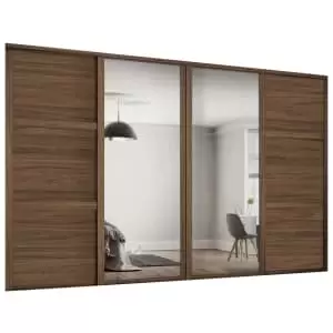 Spacepro Shaker 2 x 914mm Carini Walnut 3 Panel Door/ 2 x Silver Mirror Kit with Colour Matched Track