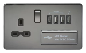 KnightsBridge 13A 2G Screwless Black Nickel 1G Switched Socket with Quad 5V USB Charger Ports - Black Insert