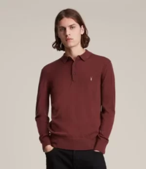 AllSaints Mens Mode Merino Long Sleeve Polo Shirt, Damson Red, Size: XXL