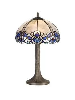 1 Light Tree Like Table Lamp E27 With 30cm Tiffany Shade, Blue, Clear Crystal, Aged Antique Brass