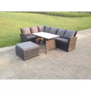 Fimous 7 Seater High Back Rattan Garden Furniture Set Corner Sofa With Oblong Dining Table Footstool