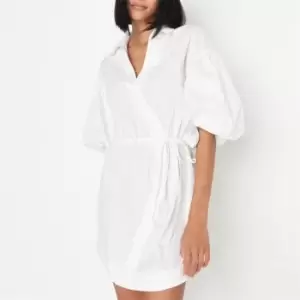 Missguided Asymmetric Button Puff Sleeve Poplin Dress - White