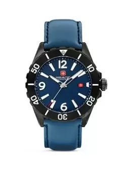 Swiss Military Navy Genuine Leather Strap Buckle Watch with Blue Dial, Navy, Men
