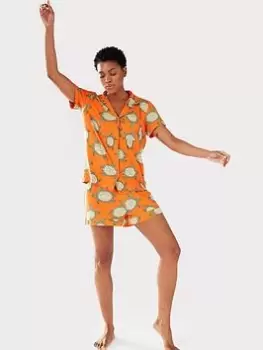 CHELSEA PEERS Short Sleeve Revere & Short Printed Poly Set, Orange, Size 14, Women