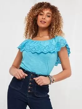Joe Browns Broderie Frill Bardot T-Shirt - Blue Size 16, Women