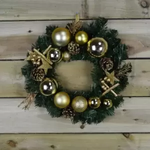 40cm Christmas Decoration Wreath with Stars, Pine cones and Gold Baubles