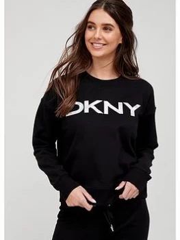 DKNY SPORT Exploded Logo Crew Neck Jumper - Black/Silver, Black, Size L, Women