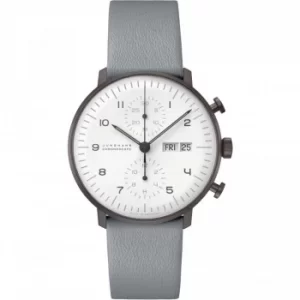 Junghans Max Bill Chronoscope Automatic White Dial Grey Leather Strap Mens Watch 027/4008.05