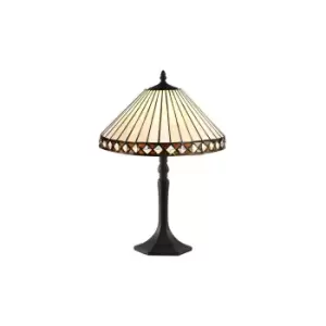 1 Light Octagonal Table Lamp E27 With 30cm Tiffany Shade, Amber, Crystal, Aged Antique Brass