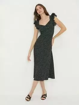 Dorothy Perkins Spot Print Ruffle Sleeve Midi Dress - Black, Size 12, Women
