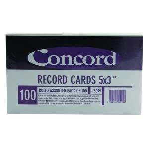 Concord Record Card Ruled 127 x 76mm Assorted Pack of 100 16099160