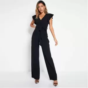 I Saw It First Stretch Woven Frill Sleeve Plunge Culotte Jumpsuit - Black