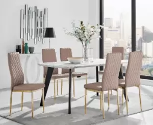 Andria Marble Effect Dining Table With Black Legs & 6 Milan Faux Leather Gold Leg Chairs