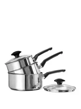 Prestige 9X Tougher Ultra Durable Stainless Steel Non-Stick Induction 3Pc Saucepan Set - 16/18/20Cm With Toughened Glass Lids