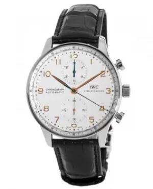 IWC Portugieser Automatic Chronograph Silver Dial Gold Markers Leather Strap Mens Watch IW371604 IW371604