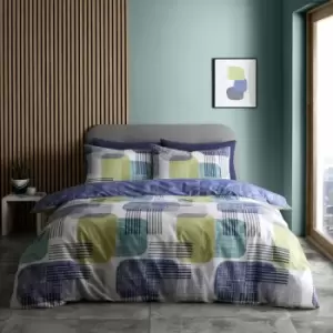 Catherine Lansfield Layered Geo Print Easy Care Reversible Duvet Cover Set, Navy/Green, King