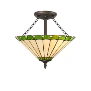 3 Light Semi Flush Ceiling E27 With 40cm Tiffany Shade, Green, Crystal, Aged Antique Brass