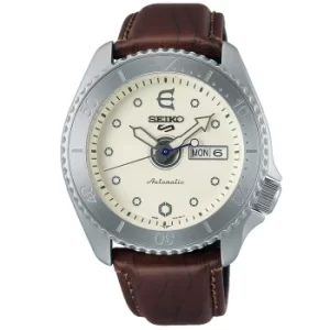 Seiko 5 Sports Evisen Skateboard Limited Edition Automatic Silver Dial Leather Strap Mens Watch SRPF93K1