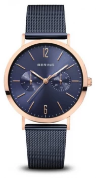 Bering Classic Polished Rose Gold Blue Mesh Bracelet Watch