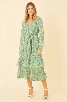 Green Floral Wrap Long Sleeve Tiered Midi Dress