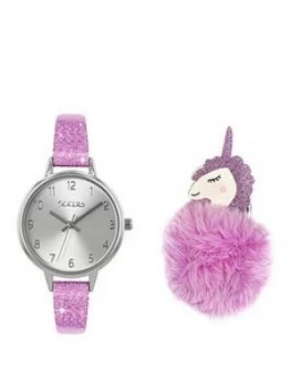 Tikkers Tikkers Silver Dial Pink Glitter Strap And Unicorn Pompom Kids Gift Set