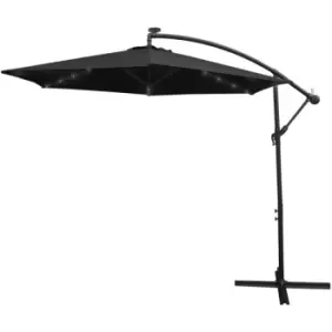Black LED Cantilever Parasol 3m Banana Hanging Umbrella Garden Sun Shade Canopy Patio 360 Rotation Tilt uv Protection Winding Crank 24 Solar Powered
