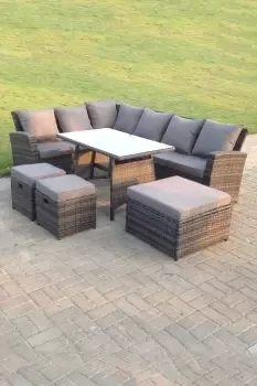 9 Seater High Back Rattan Set Corner Sofa With Oblong Dining Table 3 Footstool