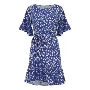 Mela London Navy Dash Print Dress With Fluted Sleeve - Blue