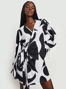 Boohoo Abstract Printed Volume Sleeve Wrap Dress - Black/White, Size 10, Women