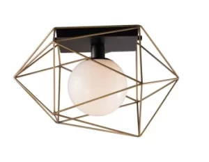 Abraxas Globe Cage Semi Flush Ceiling Light, Black, Gold, E27