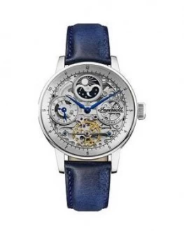 Ingersoll Ingersoll The Jazz Silver Skeleton Moonphase Automatic Dial Blue Leather Strap Watch