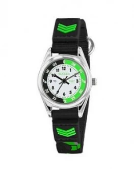 Tikkers Tikkers White, Black and Green Time Teller Dial Black Fabris Velco Strap Kids Watch, One Colour