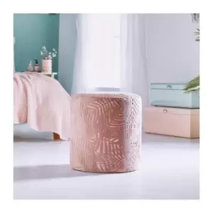 BTFY Velvet Footstool - Pink Footrest Stool Pouffe - Round Upholstered Stool with Jacquard Fabric Floral Leaf Design for Bedroom, Dressing Table,