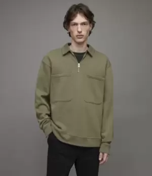 AllSaints Mens Jaxon Half Zip Polo Sweatshirt, Serpentine Green, Size: XL