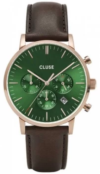 CLUSE Aravis Chrono Brown Leather Strap Green Dial Watch