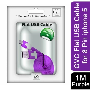 1 Metre Tangle Free Flat USB to 8 Pin Cable for Syncing & Charging, Purple - GVC