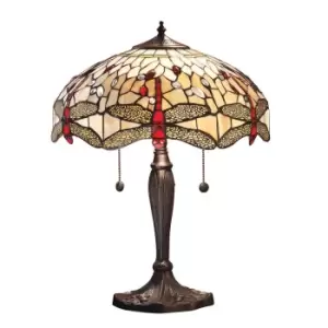 Dragonfly 2 Light Medium Table Lamp Dark Bronze, Beige, Tiffany Style Glass, E27