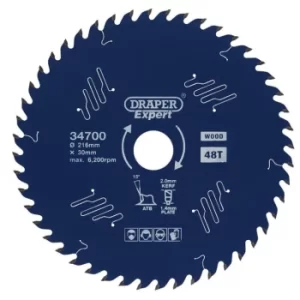 Draper Expert TCT Circular Saw Blade for Wood with PTFE Coating, 216 x 30mm, 48T