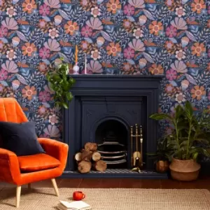 Envy - Oopsy Daisy Blue/Lilac/Tangerine Floral Wallpaper - Blue