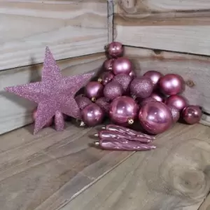 33 Assorted Shatterproof Christmas Baubles With Star Tree Topper - Pink