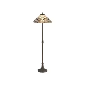 2 Light Leaf Design Floor Lamp E27 With 40cm Tiffany Shade, White, Grey, Black, Clear Crystal, Aged Antique Brass