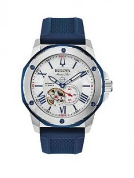 Bulova Silver and Blue Detail Automatic Skeleton Eye Dial Blue Leather Strap Mens Watch, One Colour, Men